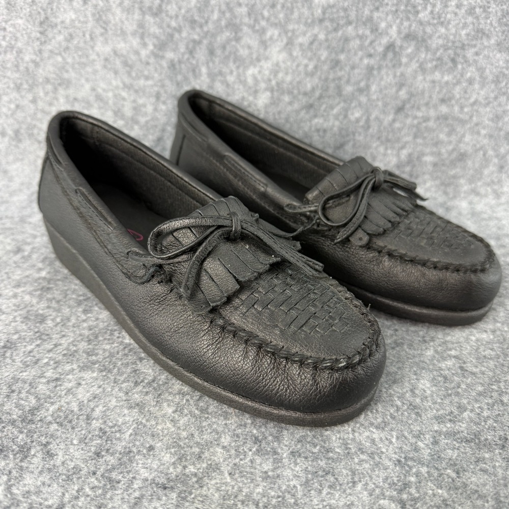 New First Comfort Womens Shoe Loafers Sz 6 Black Leather Wedge Grannycore Cozy‎